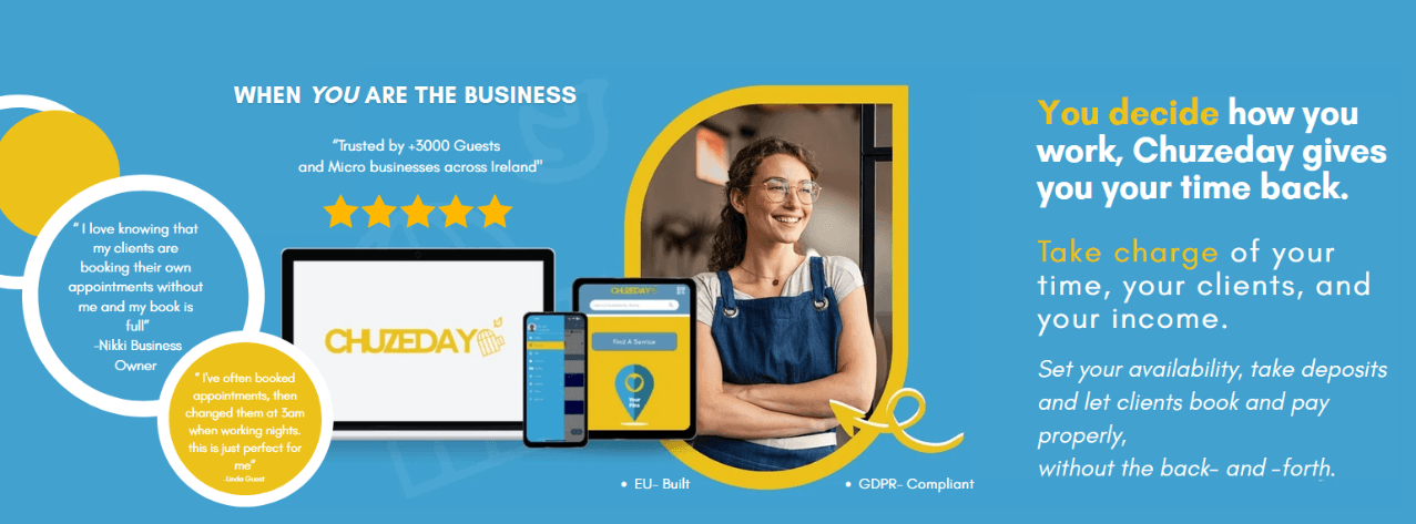 Chuzeday booking app on laptop, tablet and phone beside a smiling solo business owner in a denim apron.